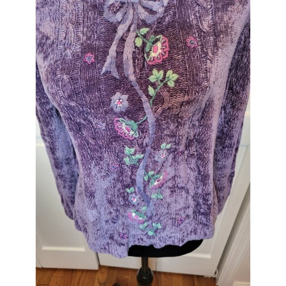 Purple Chenille Embroidered Floral  Bow Sweater Alfred Dunner PM  Cottage Cozy - Picture 4 of 6